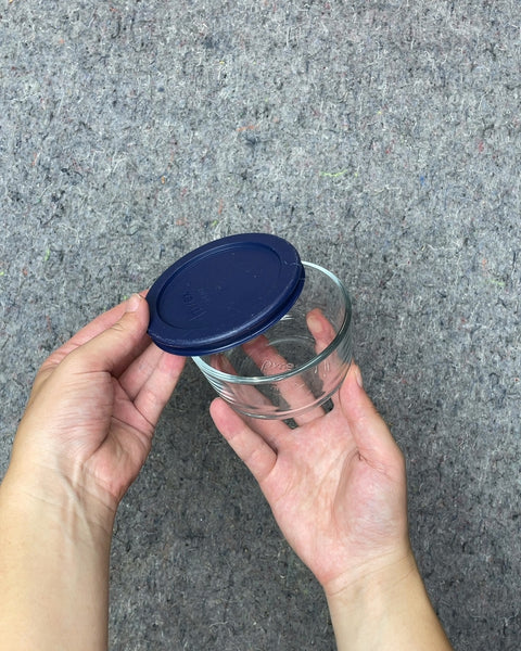 Small Pyrex Glass Food Storage Container with Blue Lid