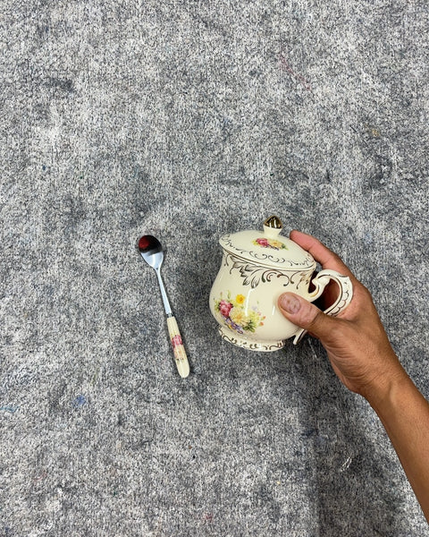 Floral Ceramic Sugar Bowl with Lid and Spoon