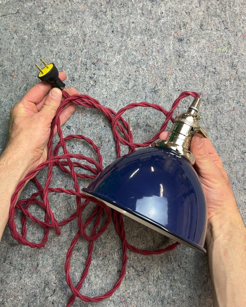 Very Pretty Blue Metal Hanging Lamp with Red Cord