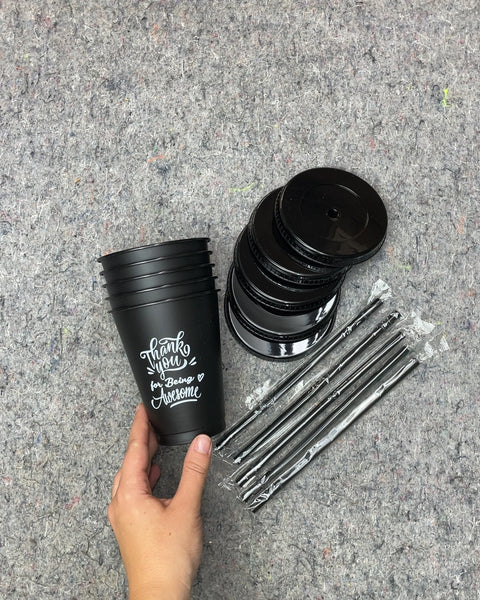 5 Black Tumblers with Lids and Straws