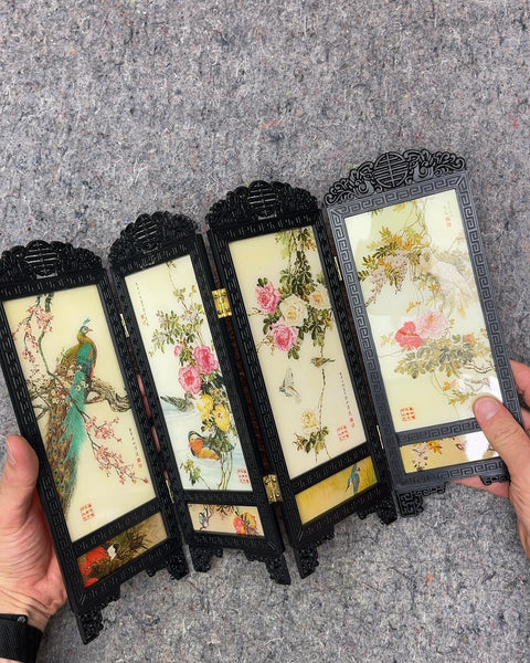 Decorative Four Panel Folding Screen with Birds and Flowers