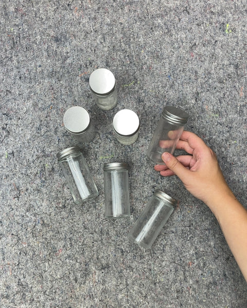 Glass Spice Jars with Silver Lids, Set of 6