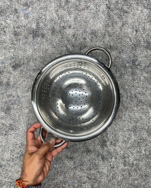 Red and Stainless Steel Footed Colander with Handles