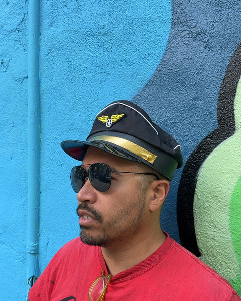 Black Pilot Hat, Glasses & Badge