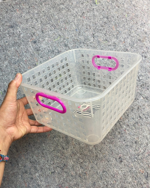 Clear Plastic Storage Basket with Pink Handles