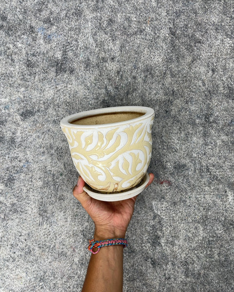 Embossed Foliage Ceramic Planter, 6.5x5”