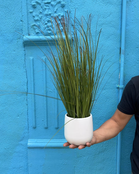 White Ceramic Planter with Artificial Grass