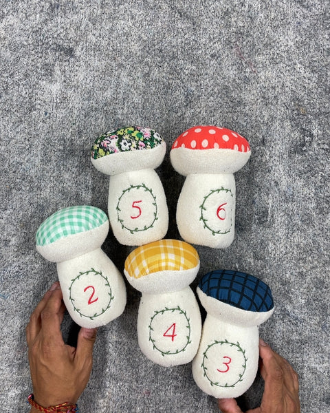 Set of Six Numbered Mushroom Plushies