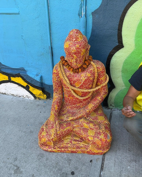 Mosaic Buddha Statue with Prayer Beads, H39"