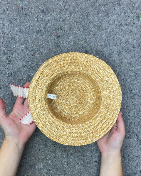 Small Straw Boater Hat with Red Gingham Ribbon, Sz 50cm