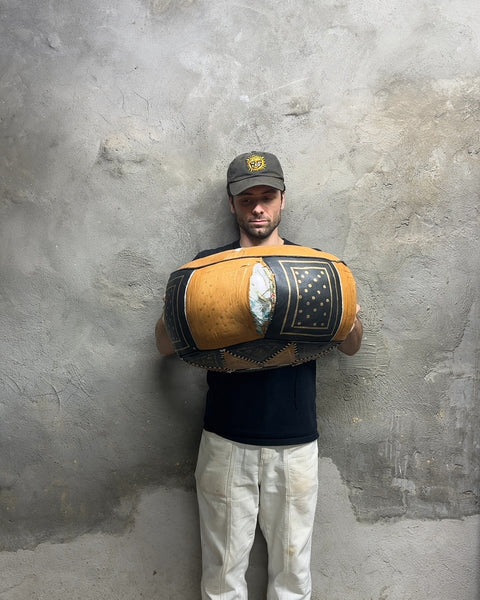 Cool Moroccan Leather Pouf Ottoman That Needs A Lil' Stitching On One Side