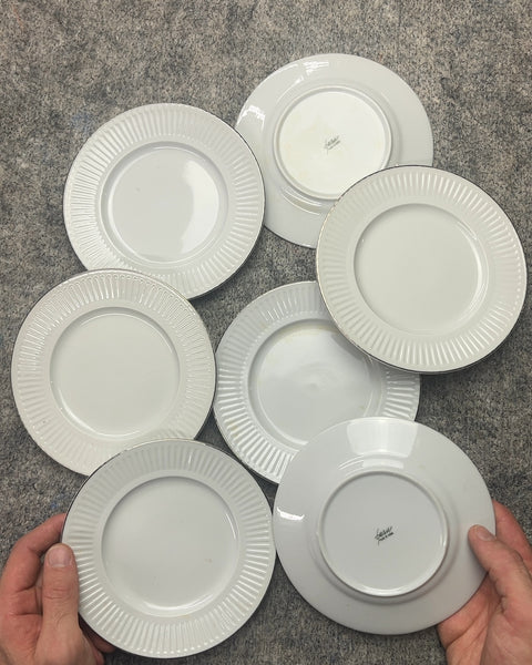 Set of 7 White Dessert Plates with Ribbed Edges
