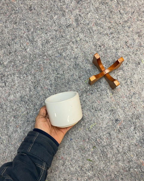 Small White Ceramic Planter with Wood Stand, 3.5"