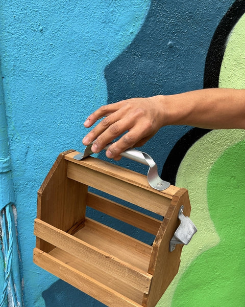 Wooden Beer Caddy with Bottle Opener