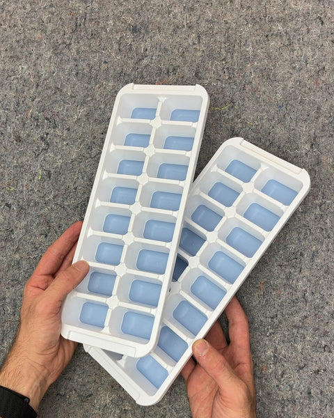 Two White and Blue Ice Cube Trays