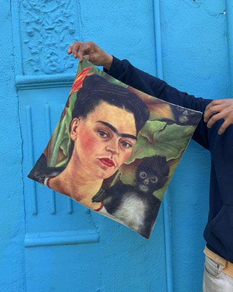 Frida Kahlo and Monkey Art Pillow, 17x17"