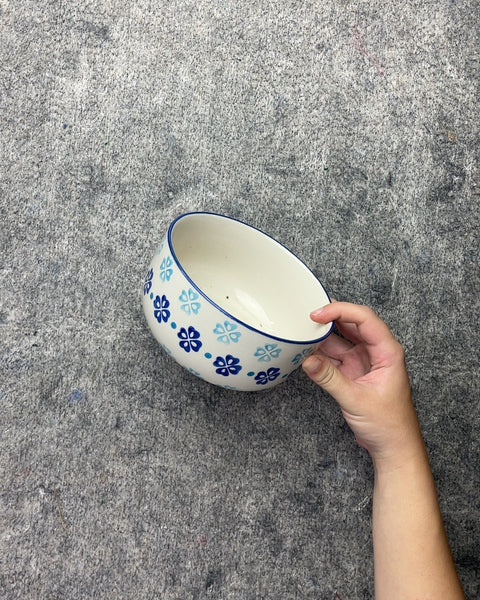 White Ceramic Bowl with Blue Floral Pattern