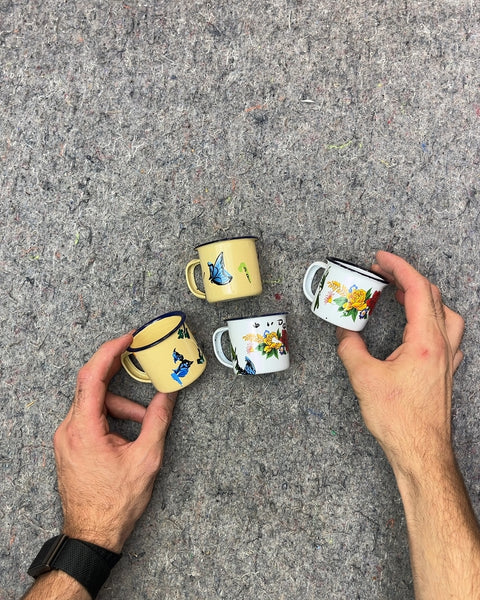 Cute Miniature Enamel Mugs with Faded Butterfly and Floral Designs