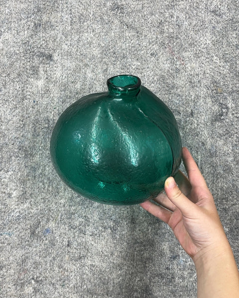 Green Glass Round Vase, 8 in x 7 in