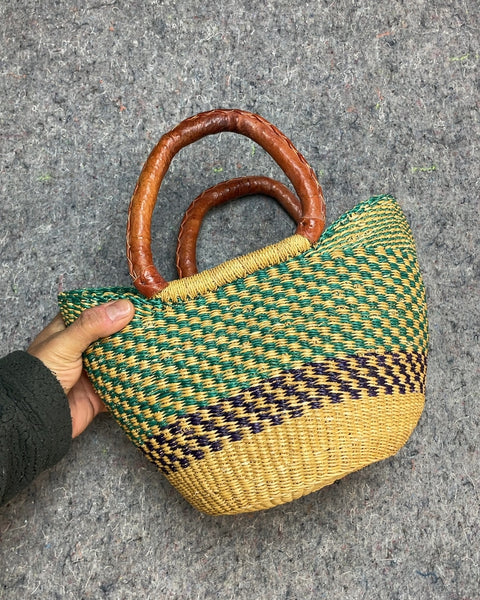 Woven Basket Tote with Leather Handles