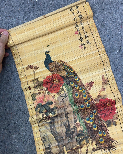 Peacock and Flowers Bamboo Wall Art Scroll, H30"