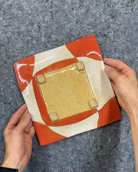 Pretty Handmade Orange and White Square Ceramic Serving Plate, 10x10"