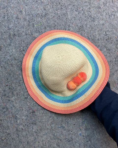 Rainbow Striped Sun Hat with Pom-Poms