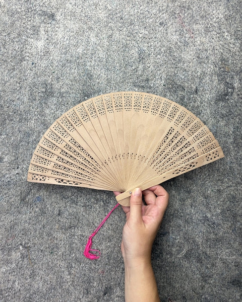 Wooden Hand Fan with Pink Tassel