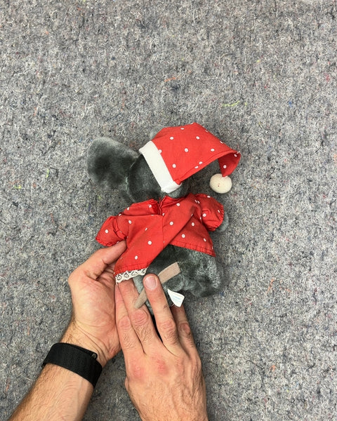 Vintage Gray Mouse Plush Toy with Red Polka Dot Outfit