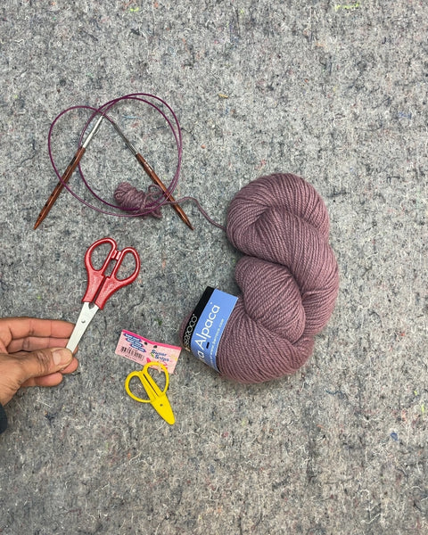 Berroco Alpaca Yarn with Knitting Needles and Scissors