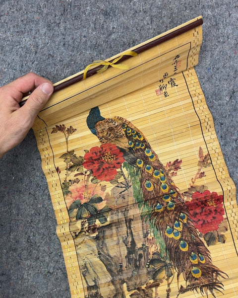 Peacock and Flowers Bamboo Wall Art Scroll, H30"