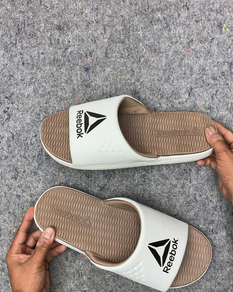 Reebok White and Brown Slides, Sz 47 EU