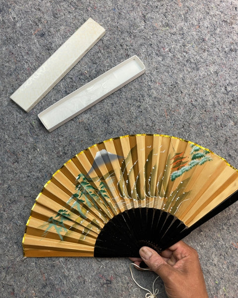 Japanese Hand Fan with Mountain and Pagoda Scene