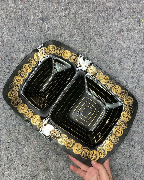 Mid Century Black and Gold Coin Platter, 10 x 14.5 in