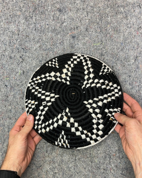 Black and White Shallow Woven Basket, W11"