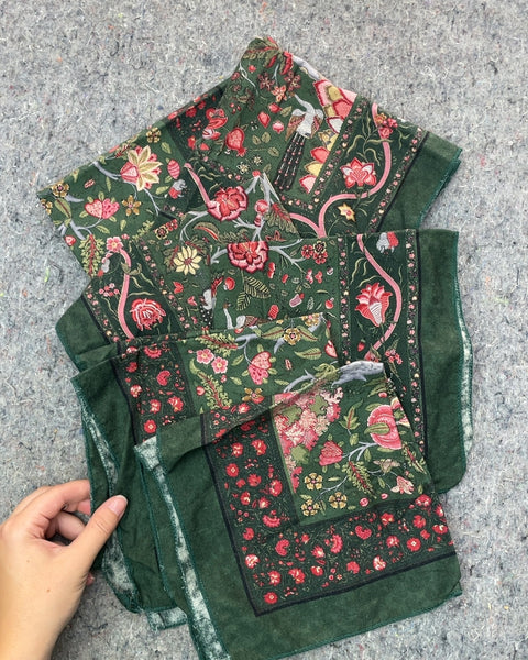 Green Floral Print Napkins or Bandanas, Set of 6