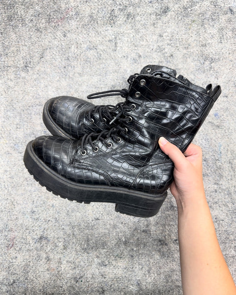 Black Croc Embossed Combat Boots, Size 7.5M