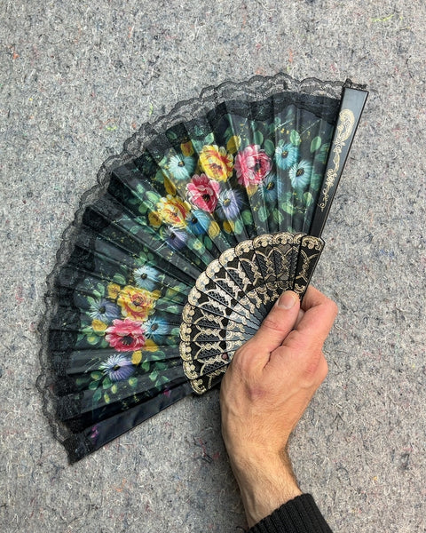 Floral Hand Fan with Lace Trim