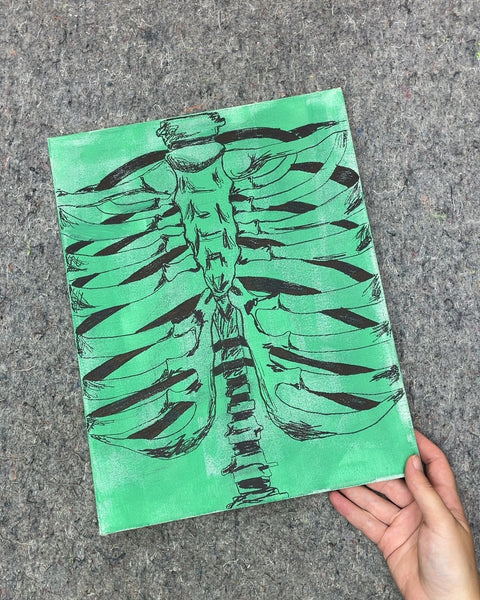 Green Skeleton Rib Cage Painting, 11 x 14 in