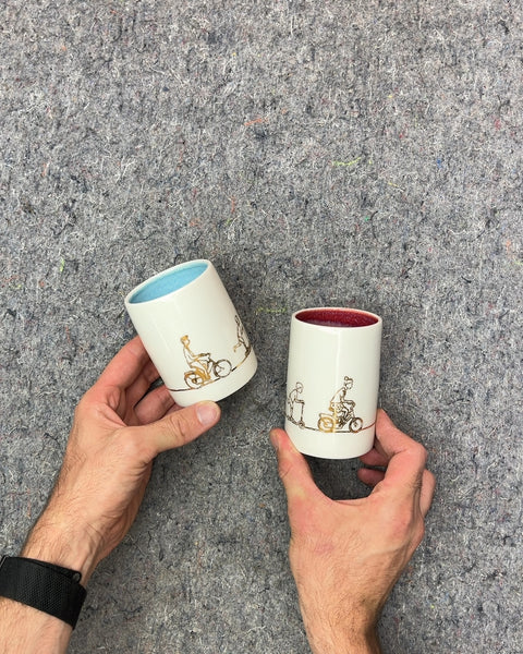 Set of Two Ceramic Mugs with Cyclists