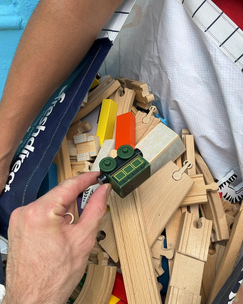 A Whole Bag Of Wooden Trains, Tracks and Accessories Includes NYC Subway Cars & Buildings...