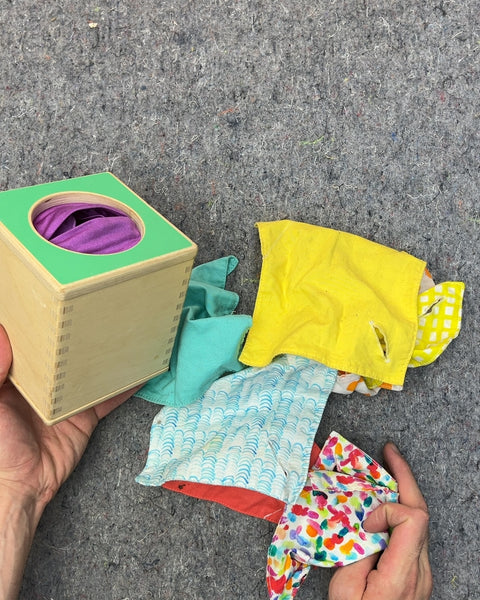 Lovevery Wooden Tissue Box Toy with Fabric Scarves