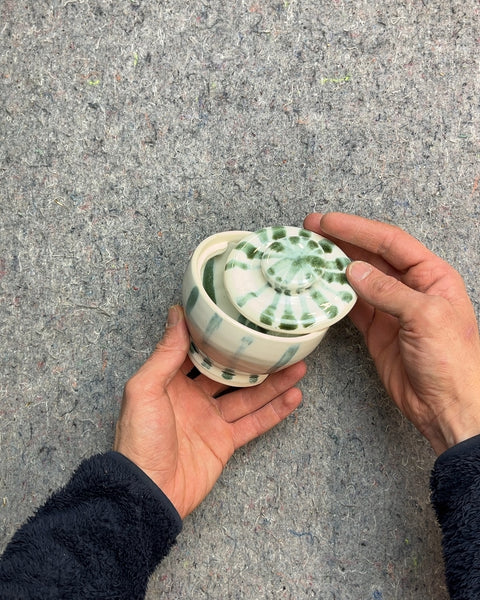 Ceramic Lidded Bowl with Green Swirl Design