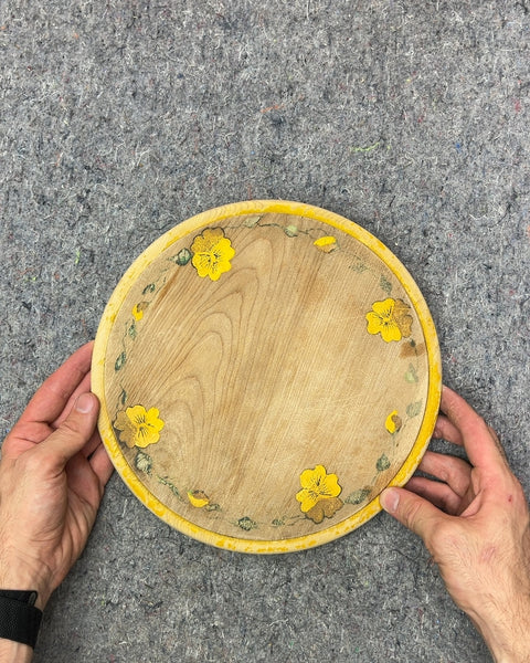 Vintage Wooden Serving Tray with Yellow Flowers, 10"