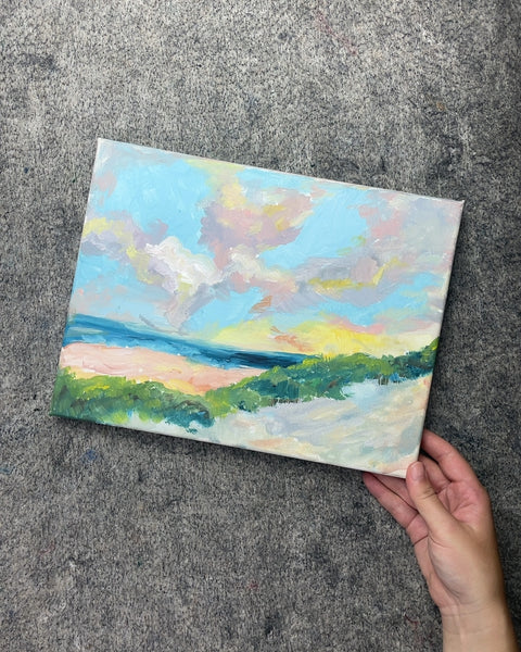 Beach Sunset Landscape Painting on Canvas, 12 x 9 in