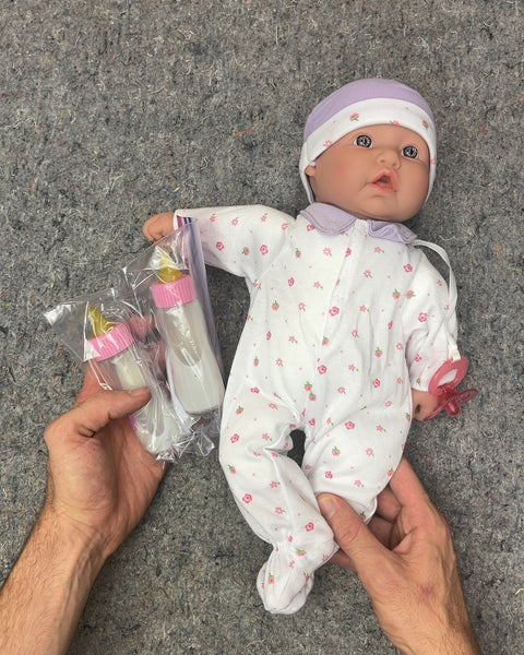 Baby Doll with Pink Floral Outfit and Bottles