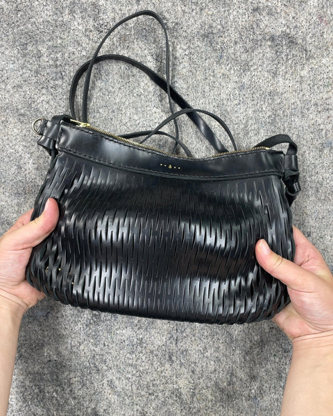 Black Leather Woven Crossbody Bag