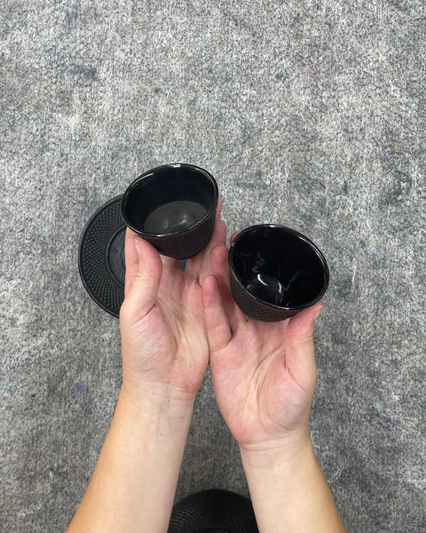 Cast Iron Teapot with Two Cups and Trivet