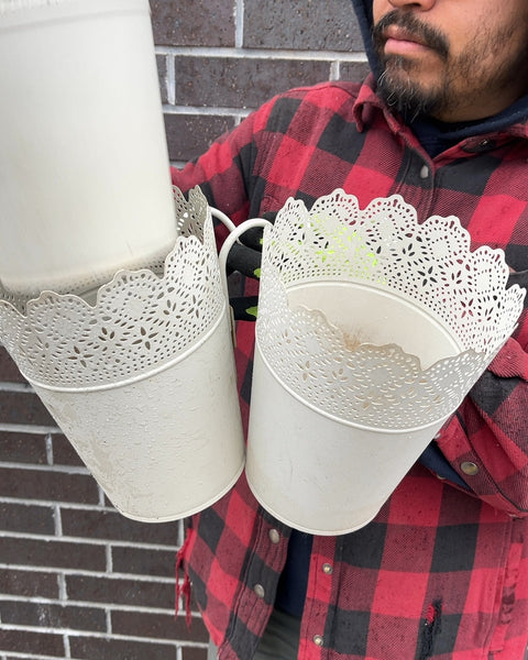 Three White Metal Hanging Flower Pots