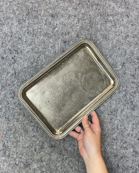 Silver Rectangular Serving Tray with Embossed Design